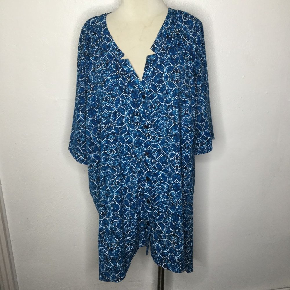 Catherines Short Sleeve Blouse Button Down Tunic Blue Plus Size 5X (34/36W)